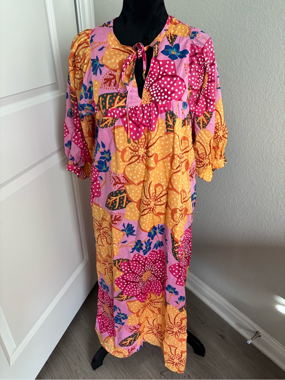 J.Marie Pink and Orange Puff Sleeve Dress Size Small